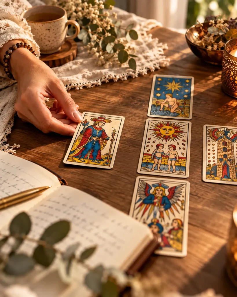 Main déposant une carte de tarot près d’un carnet ouvert