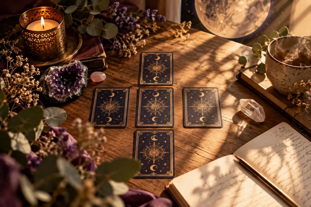 Cinq cartes de tarot disposées en croix sur une table en bois, la carte de gauche mise en lumière