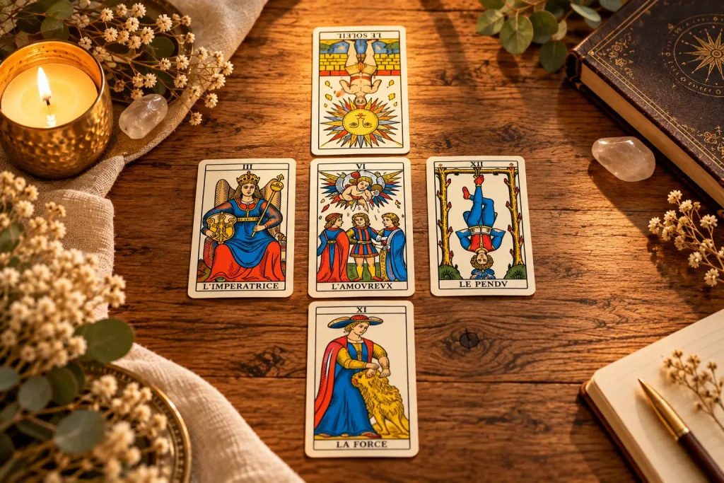 Carte de tarot retournée à l’envers en position haute d’un tirage en croix