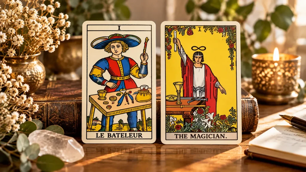 Le Bateleur du Tarot de Marseille à côté du Magicien du Rider-Waite-Smith