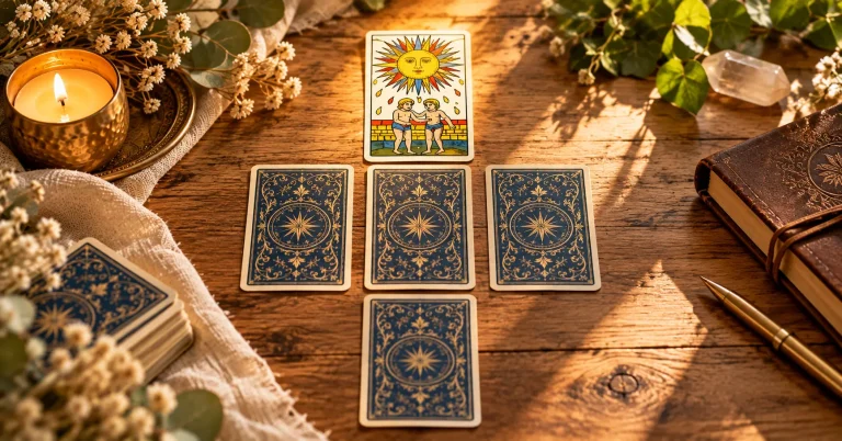 Carte de tarot posée en haut d’un tirage en croix sur une table en bois