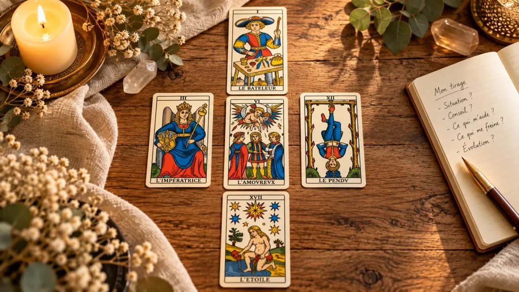 Le Bateleur, L’Impératrice, Le Pendu, L’Étoile et L’Amoureux disposés en croix