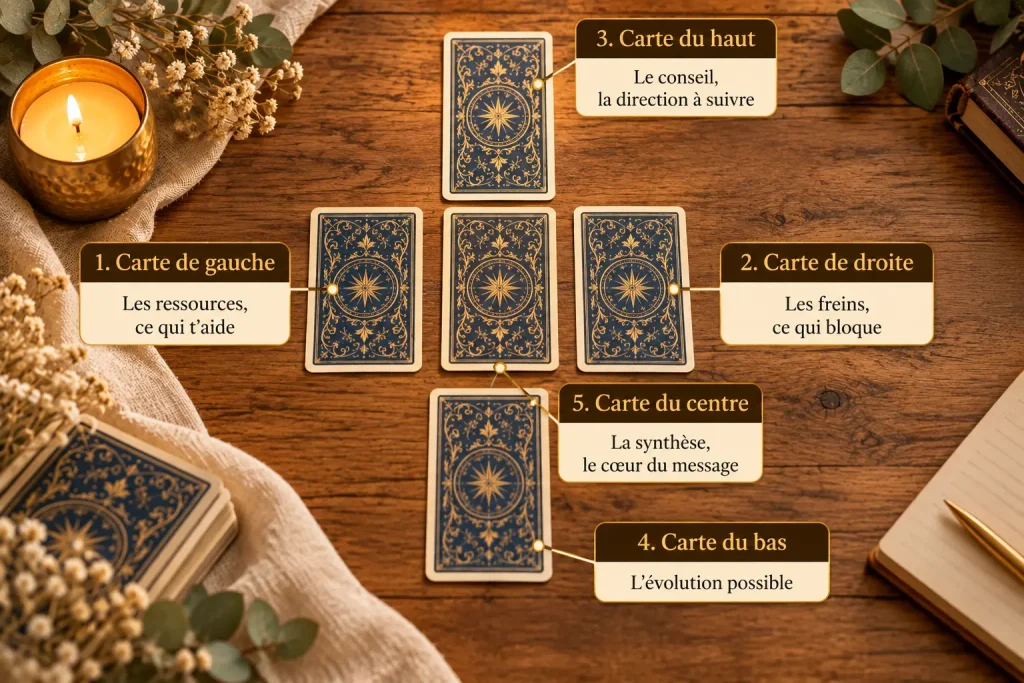 Schéma du tirage en croix montrant la carte du haut au-dessus de la carte centrale