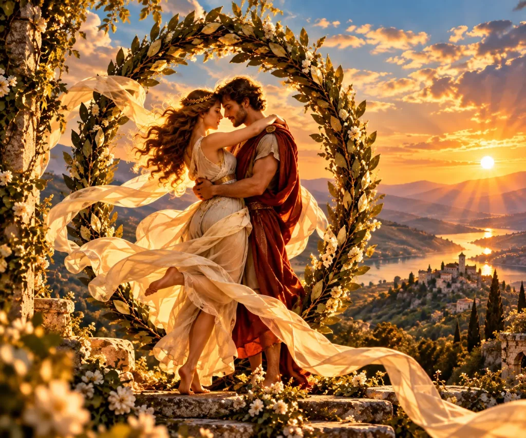 Couple enlacé dans une couronne de laurier au coucher du soleil, illustration du Monde en amour.