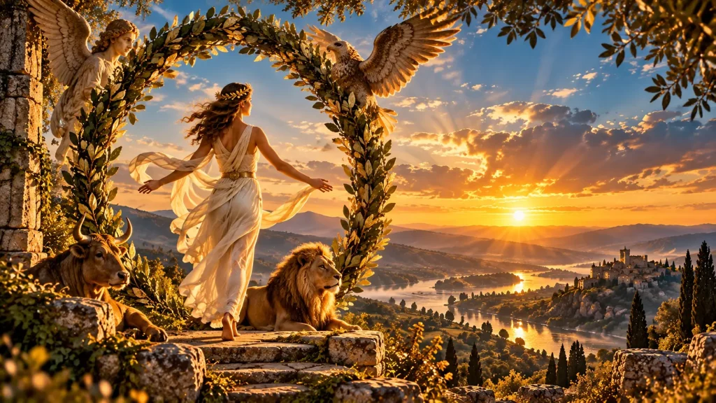 Le Monde tarot, Arcane 21, représenté dans un paysage lumineux avec les quatre figures symboliques