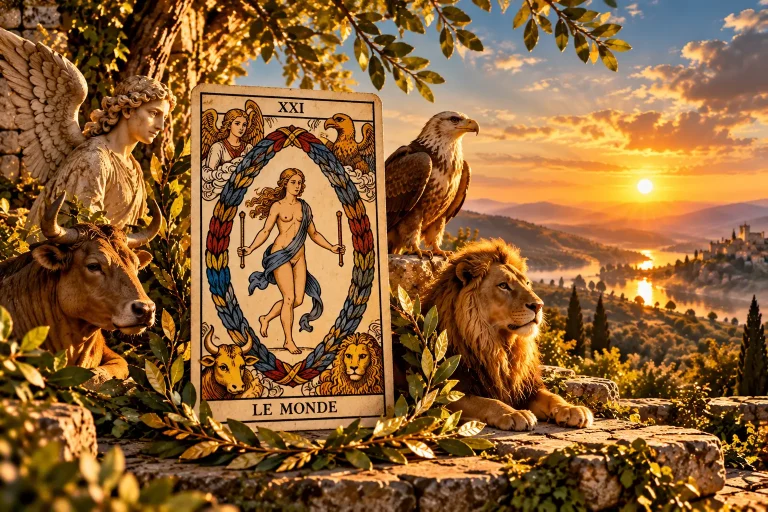Carte Le Monde entourée d’un ange, d’un aigle, d’un bœuf et d’un lion dans un paysage au soleil couchant.