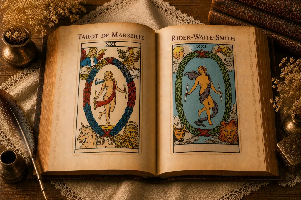 Cartes Le Monde du Tarot de Marseille et du Rider-Waite-Smith présentées côte à côte dans un livre ouvert.