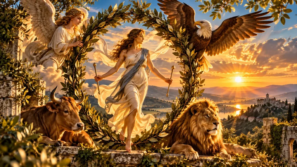 Figure du Monde entourée d’un ange, d’un aigle, d’un bœuf et d’un lion dans une couronne de laurier.