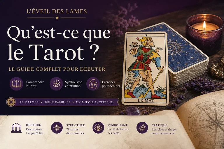 Image tarot avec carte Le Mat, bougie et jeu de cartes sur fond violet – guide pour débuter le Tarot