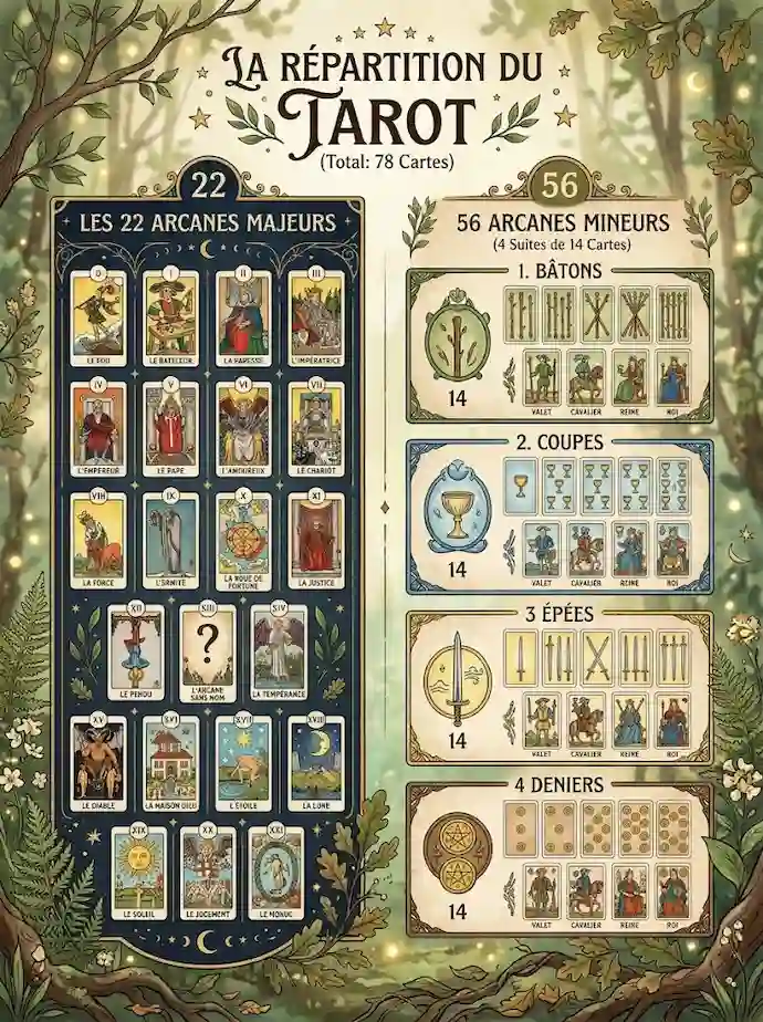 Structure des 78 cartes du Tarot avec arcanes majeurs et mineurs