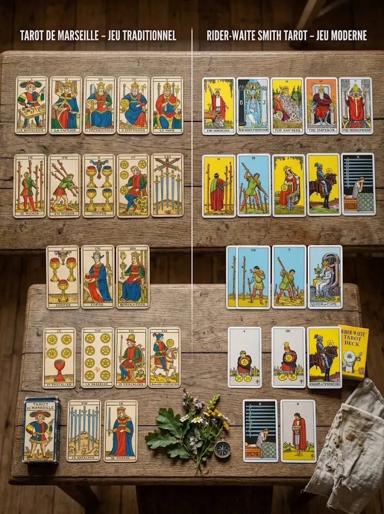 Comparaison de cartes du Tarot de Marseille et du Rider-Waite-Smith