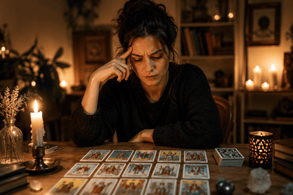 Personne assise devant un tirage de cartes de Tarot, observant les cartes avec une expression pensive dans une ambiance chaleureuse éclairée à la bougie.