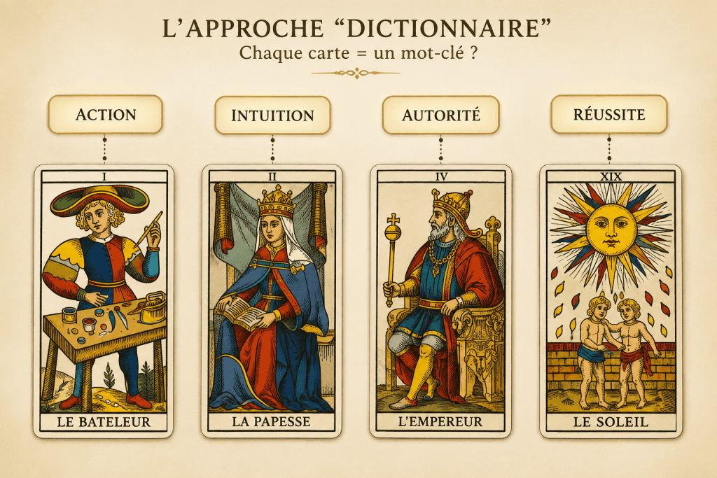 Illustration montrant quatre cartes du Tarot de Marseille (Le Bateleur, La Papesse, L'Empereur et Le Soleil) avec un mot-clé associé à chacune, illustrant l'approche basée sur la mémorisation des significations.