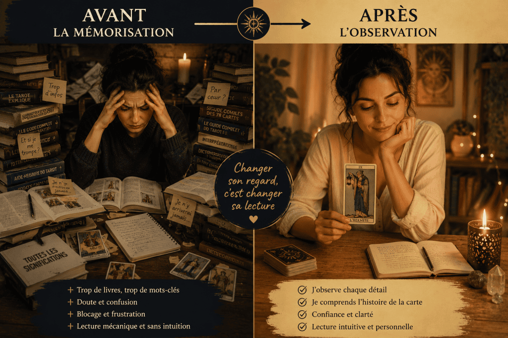 Comparaison entre une personne submergée par des livres de Tarot et une personne observant sereinement une seule carte, illustrant le passage de la mémorisation à l'observation.