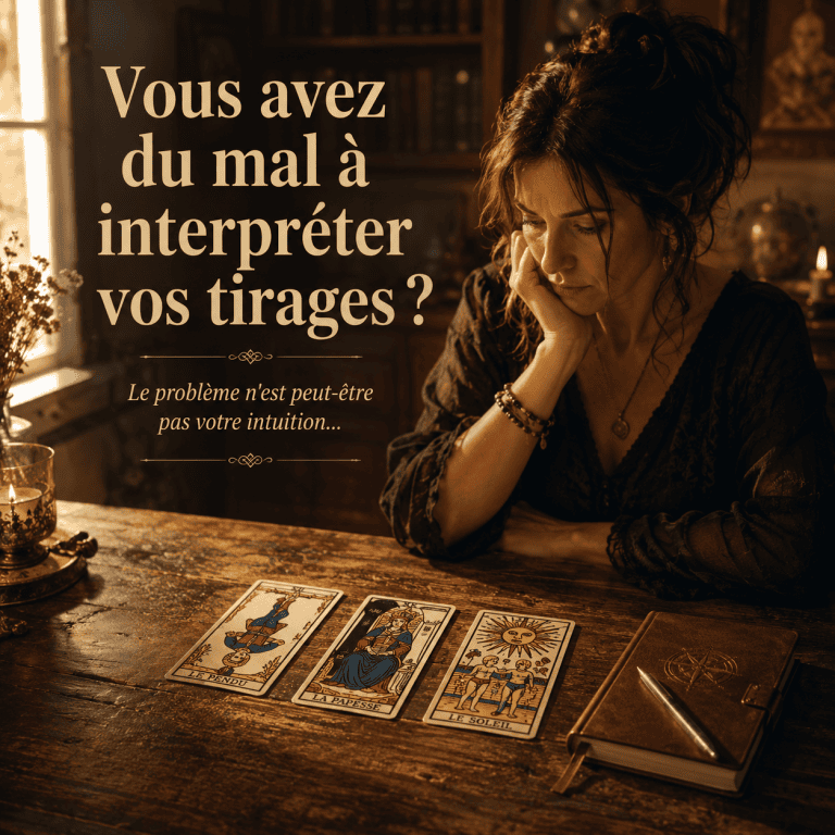 Femme assise devant trois cartes de Tarot sur une table en bois, réfléchissant à leur interprétation dans une ambiance chaleureuse.
