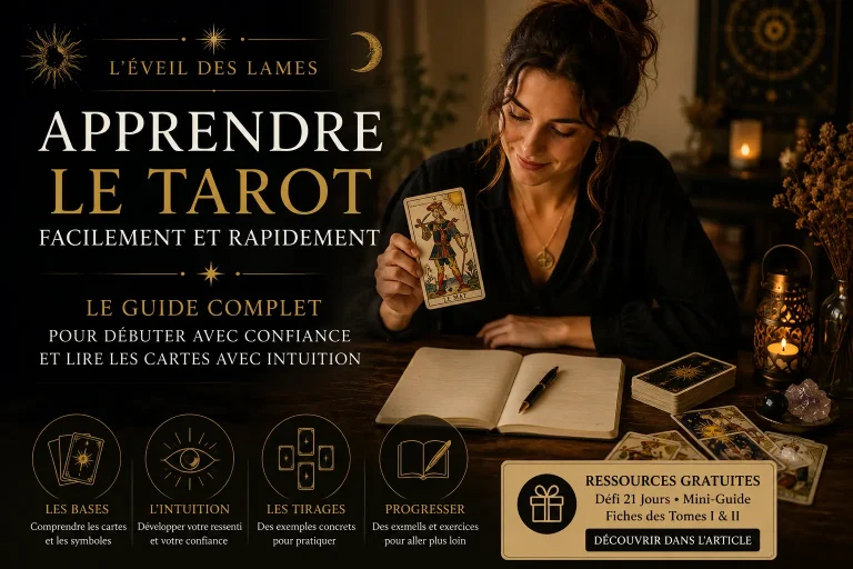 Image de mise en avant de l'article "Apprendre le Tarot facilement et rapidement", montrant une personne observant la carte Le Mat avec un carnet de notes dans une ambiance chaleureuse.