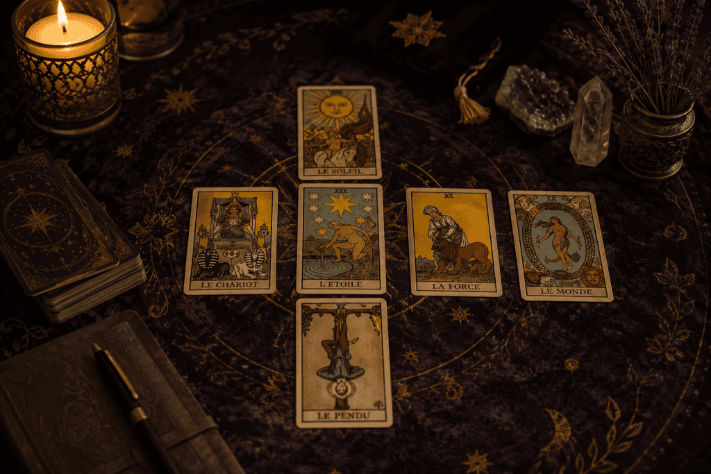Cinq cartes illustrées disposées sur une table en bois, avec une carte au centre.