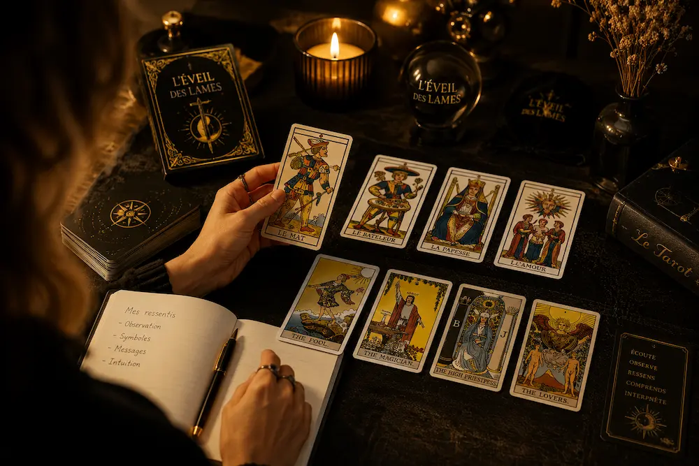 Personne qui débute le Tarot avec des cartes de Marseille et du Rider-Waite, un carnet et un stylo