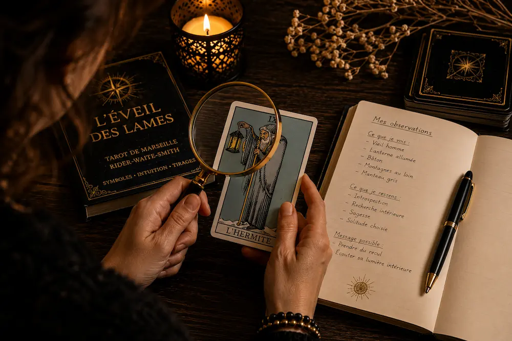 Personne qui observe une carte de Tarot à la loupe avant de consulter un livre de significations