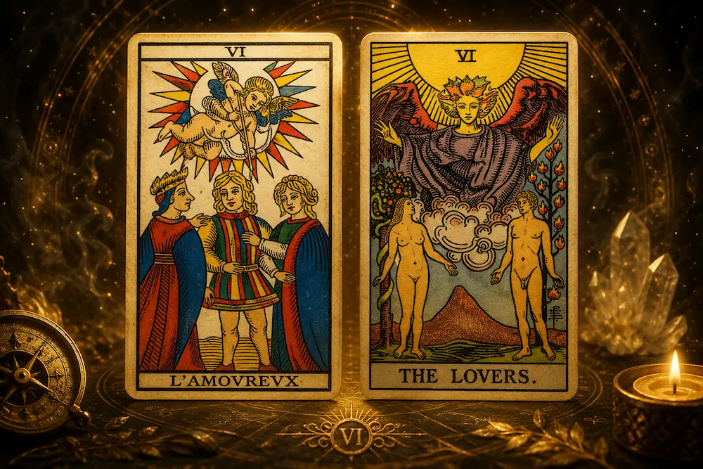 Les cartes L'Amoureux du Tarot de Marseille et The Lovers du Rider-Waite-Smith sont présentées côte à côte sur un fond sombre aux reflets dorés, dans une ambiance mystique avec une bougie, des cristaux et des objets ésotériques.