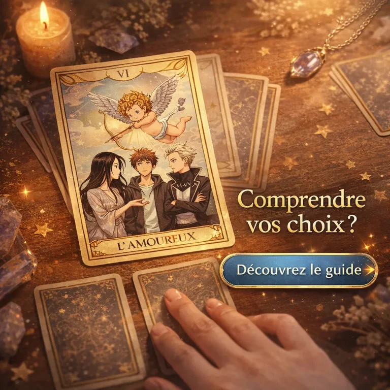 Carte du Tarot L’Amoureux représentant un choix entre deux directions avec un guide pour comprendre ses décisions