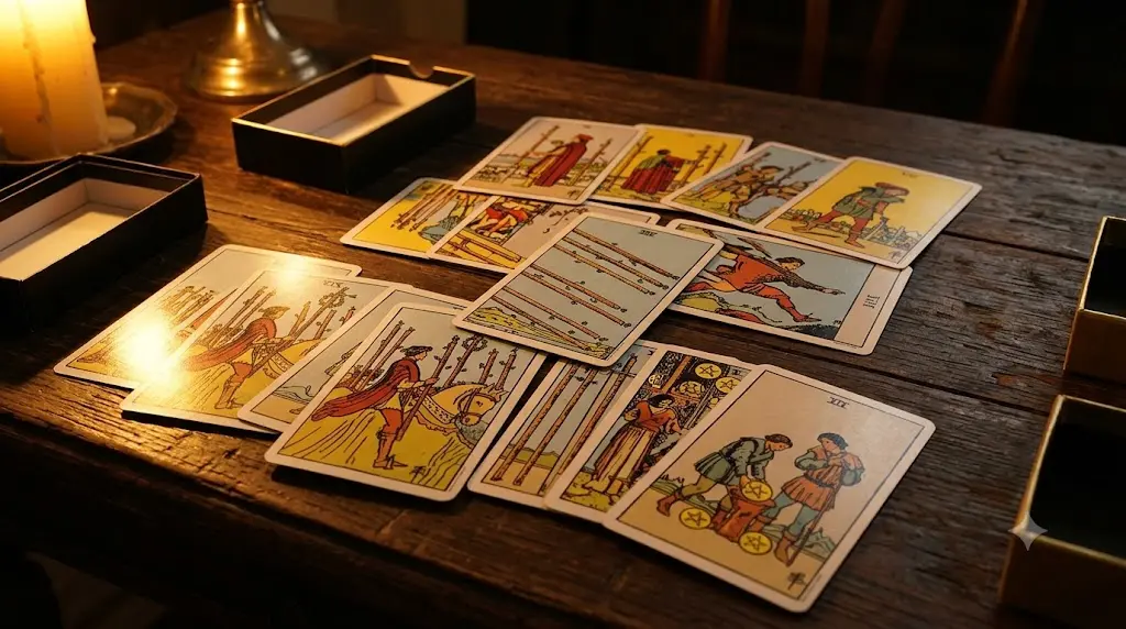 Cartes du Tarot Rider-Waite-Smith illustrées posées sur une table en bois