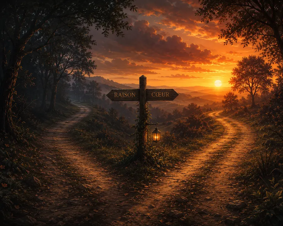 Dans une forêt au coucher du soleil, un sentier se sépare en deux chemins autour d'un panneau indicateur, symbolisant le choix et les différentes voies possibles.