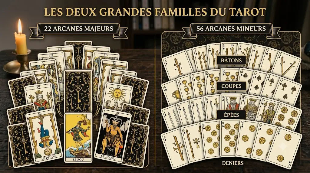 Schéma des deux familles du Tarot : 22 Arcanes majeurs et 56 Arcanes mineurs