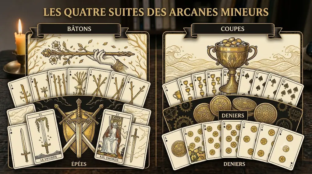 Les quatre suites des Arcanes mineurs du Tarot : Bâtons, Coupes, Épées et Deniers