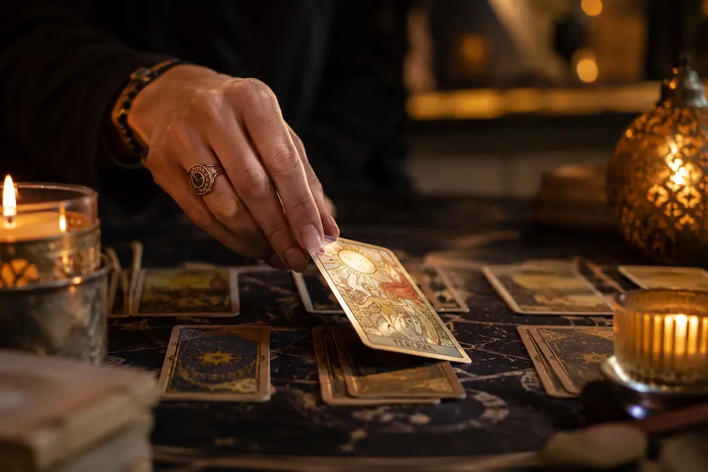 Personne effectuant un tirage intuitif de tarot, carte posée sur la table