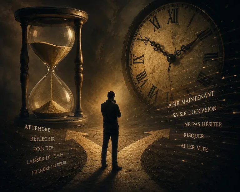 Une personne en pleine réflexion fait face à un immense sablier et à une grande horloge, symbolisant le temps, l'hésitation et le risque de décider trop rapidement.