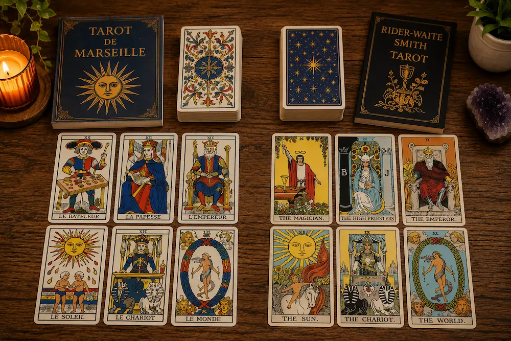 Comparaison entre le Tarot de Marseille et le Rider-Waite-Smith avec plusieurs cartes emblématiques disposées côte à côte.