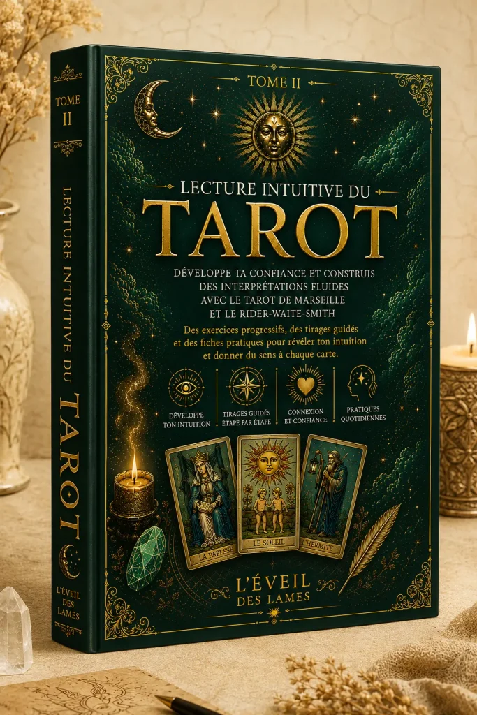 Mockup du livre "Lecture Intuitive du Tarot – Tome II" de la collection L'Éveil des Lames, présenté en perspective avec sa tranche visible.