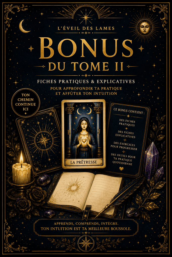 Couverture du Bonus du Tome II de L'Éveil des Lames présentant des fiches pratiques, des exercices et des outils pour développer la lecture intuitive du Tarot de Marseille et du Rider-Waite-Smith.