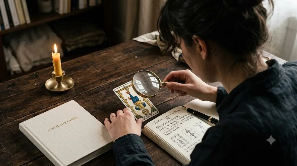 Personne qui développe son intuition en observant des cartes de Tarot et en prenant des notes