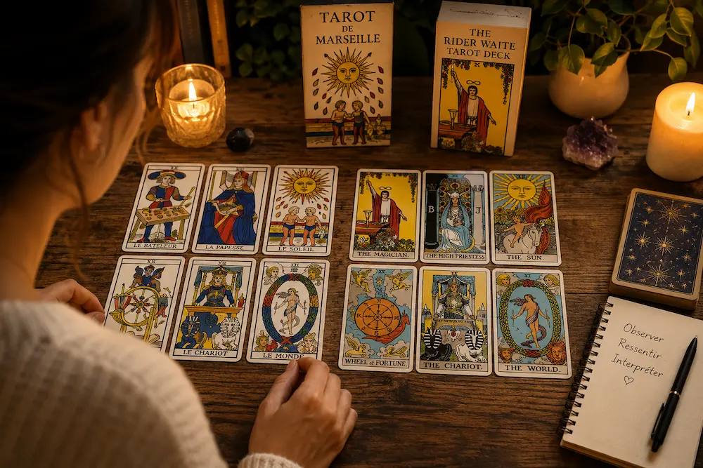 Personne observant les cartes du Tarot de Marseille et du Rider-Waite-Smith pour développer sa lecture intuitive du Tarot.