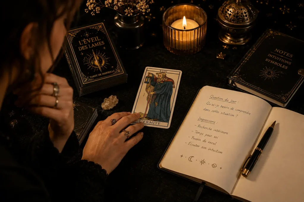 Personne qui utilise une carte de Tarot pour réfléchir à une situation et noter ses impressions