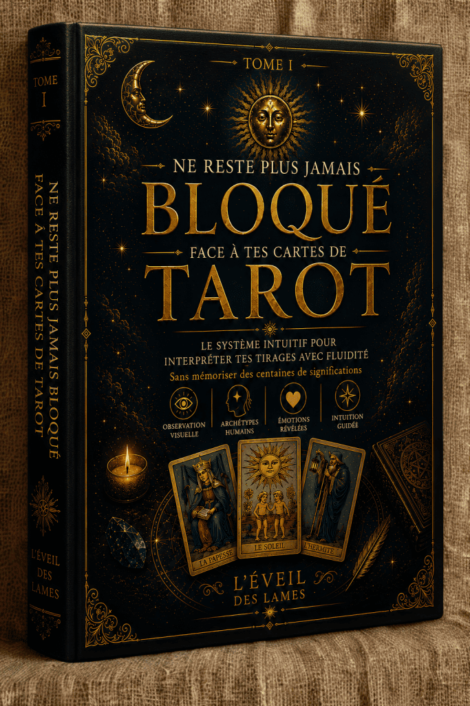 Couverture du livre Tome I – Ne reste plus jamais bloqué face à tes cartes de Tarot, premier volume de La Méthode L'Éveil des Lames, consacré à l'apprentissage de la lecture intuitive et de l'observation des cartes de Tarot.