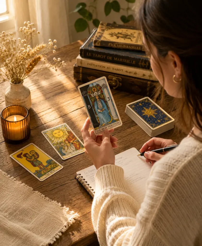 Débutante étudiant une carte pour apprendre la lecture intuitive du Tarot