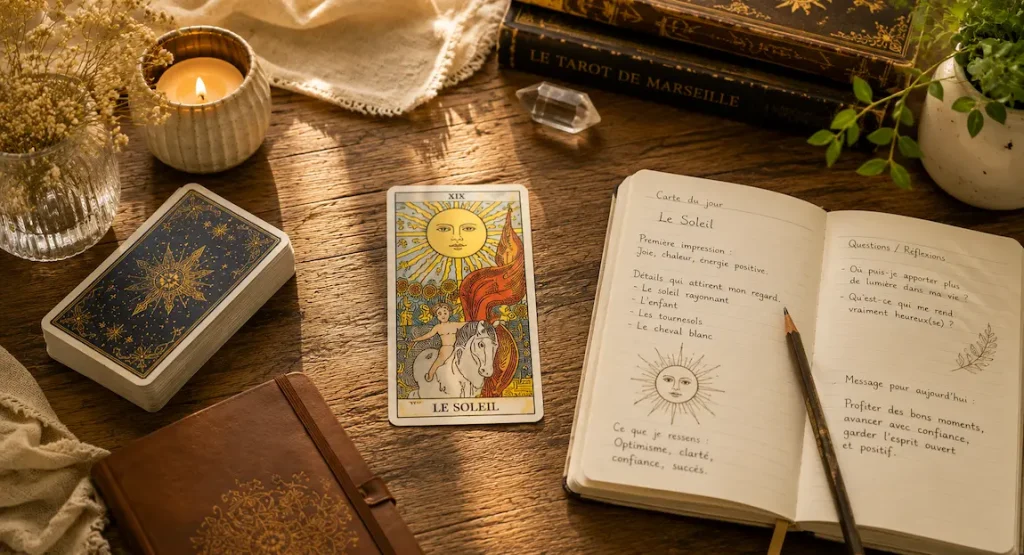 Carnet et cartes utilisés pour apprendre la lecture intuitive du Tarot