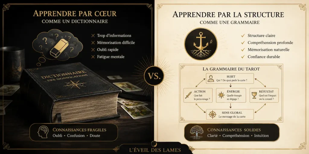 apprendre le tarot par la structure plutôt que par cœur, comme une grammaire plutôt qu'un dictionnaire