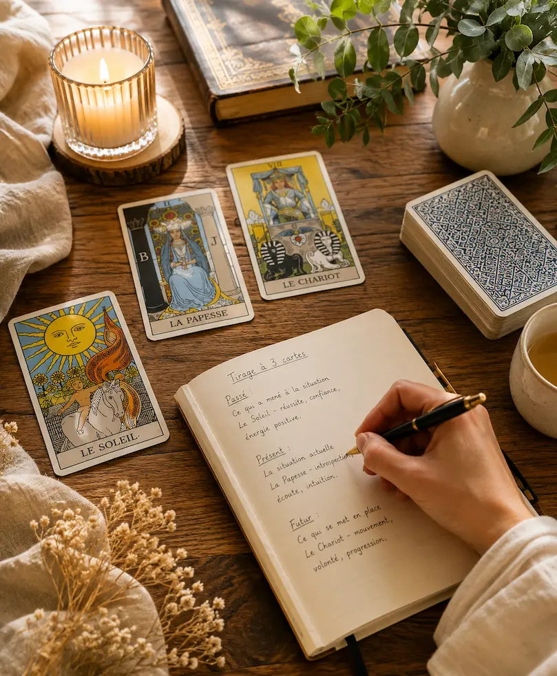 Débutante apprenant le Tarot avec des cartes et un carnet