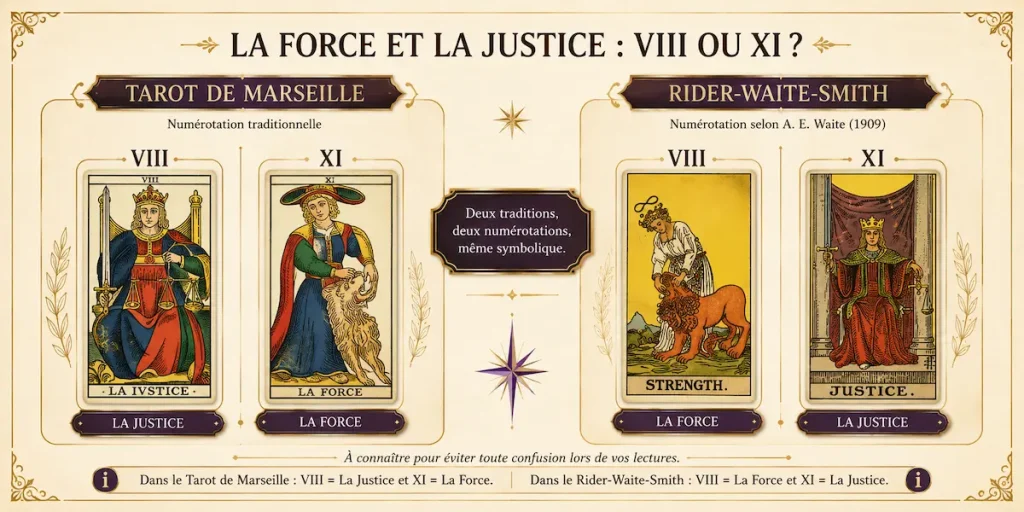 Différence de numérotation de La Force et La Justice entre Marseille et Rider-Waite