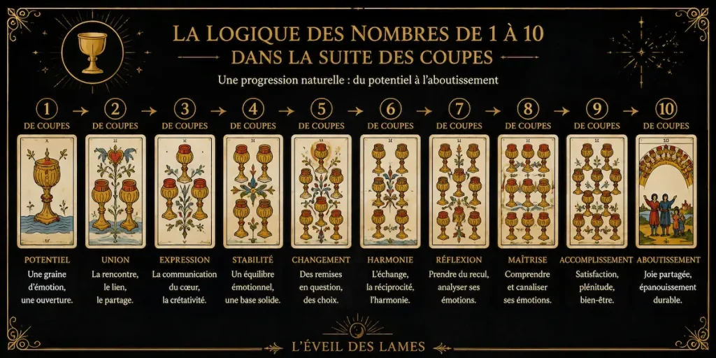 Logique des nombres de 1 à 10 dans une suite du Tarot, avec l’exemple de la suite des Coupes.