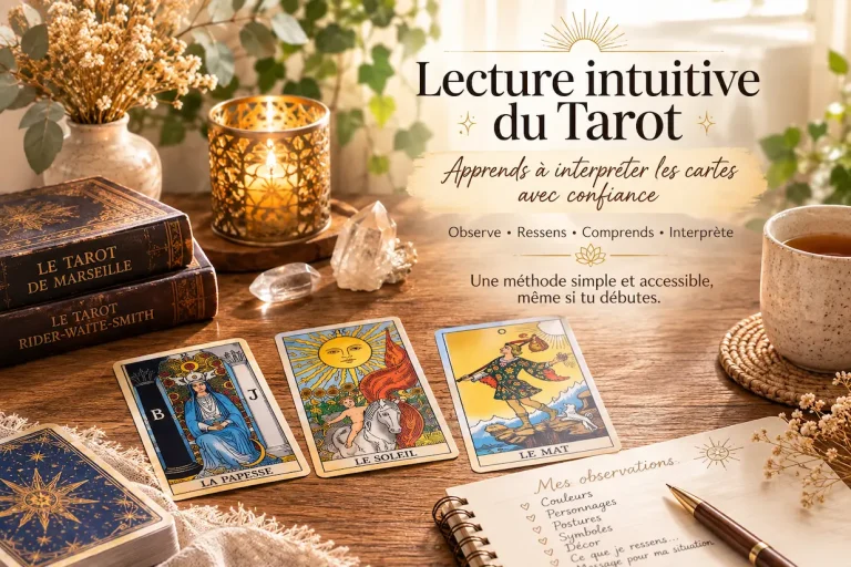 Lecture intuitive du Tarot avec cartes, carnet d’observation et méthode d’interprétation