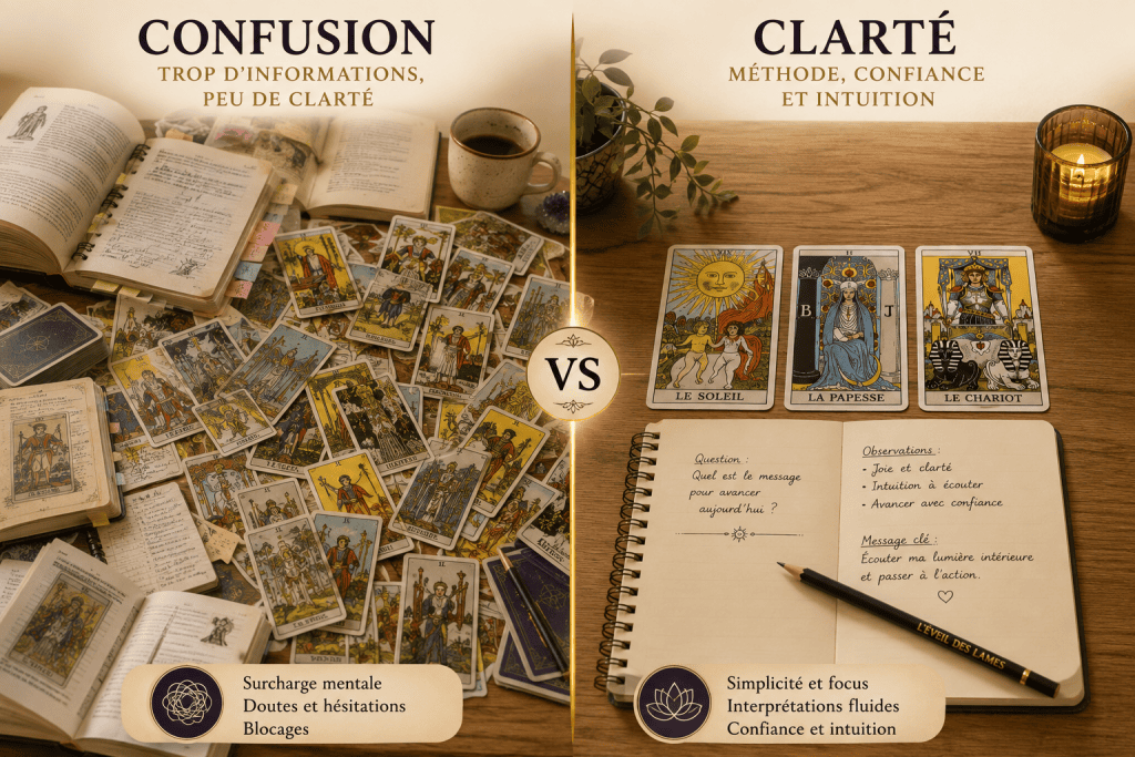 Table chargée de cartes puis tirage simple de trois cartes avec carnet