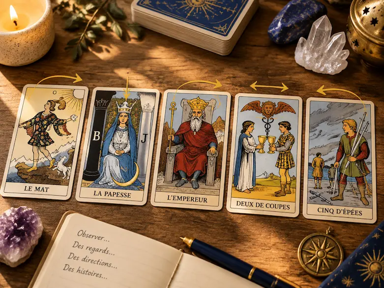 Personnages et directions des regards dans plusieurs cartes de Tarot