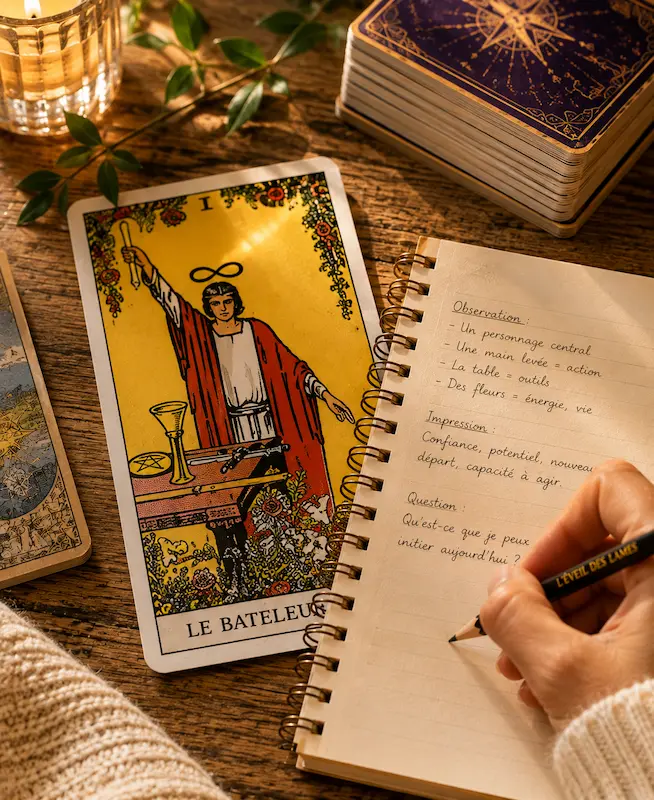 Personne observant une carte de Tarot et notant ses impressions