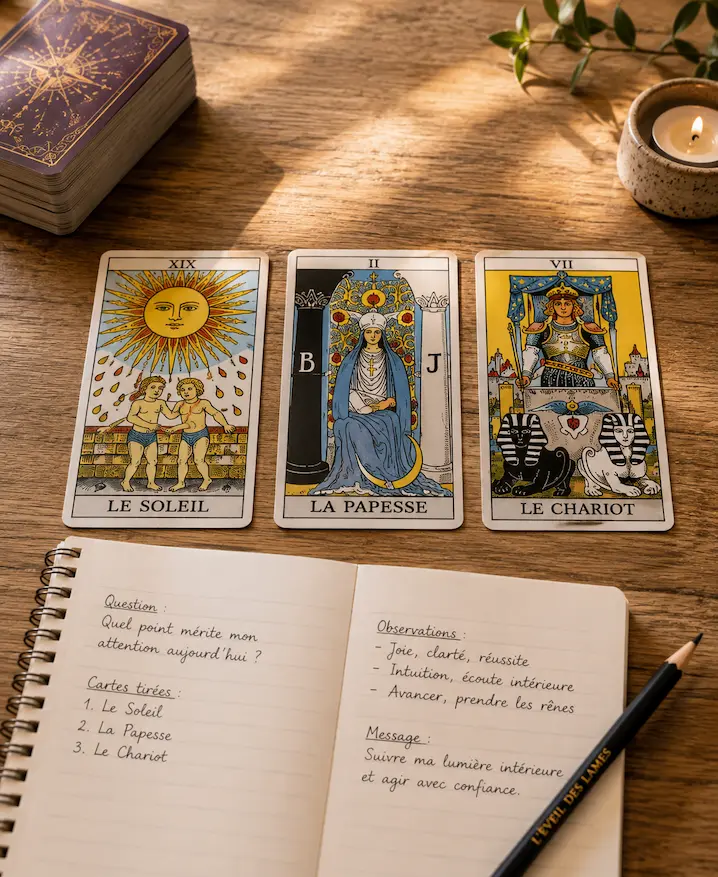 Premier tirage de Tarot avec trois cartes alignées et un carnet
