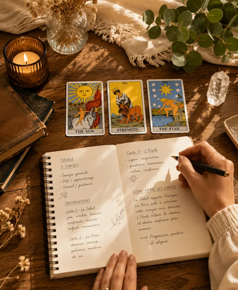 Pratique d’un tirage de Tarot avec cartes et carnet d’apprentissage
